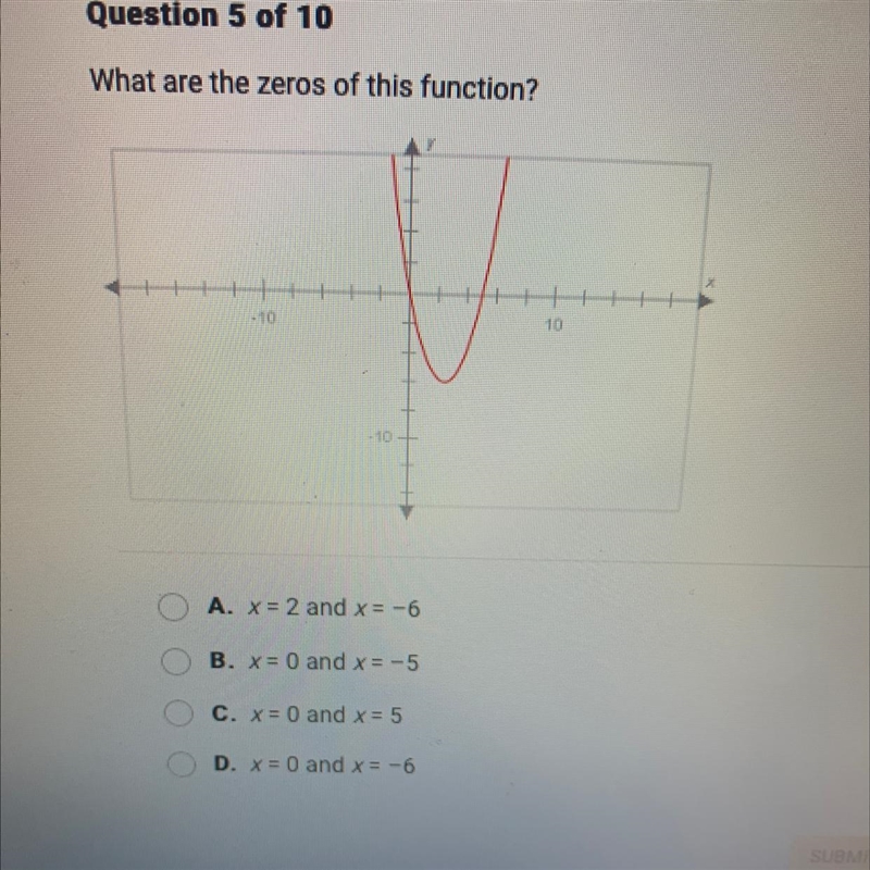 What are the zeros of this function? A. x = 2 and x = -6 B. x = 0 and x = -5 C. x-example-1