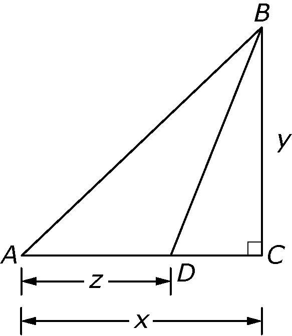 The area of triangle ABD above can be found using the formula ​Area= xy/2 - (x-z)y-example-1