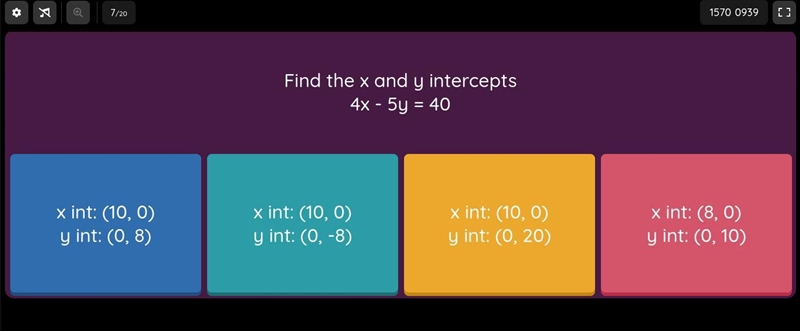 Find the x and y intercepts 4x - 5y = 40-example-1