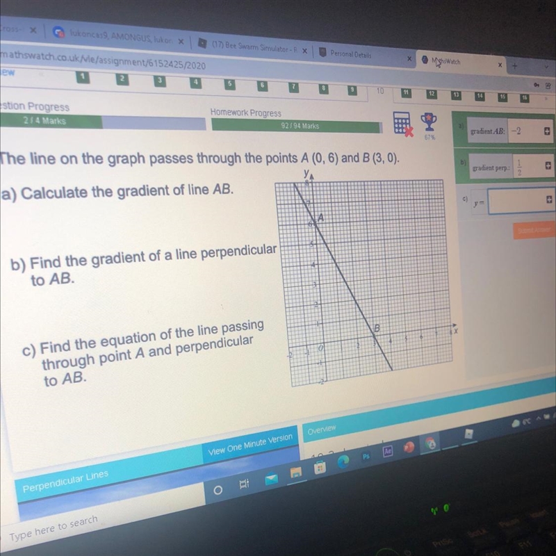 Find the equation of the line passing through point A and perpendicular to AB-example-1