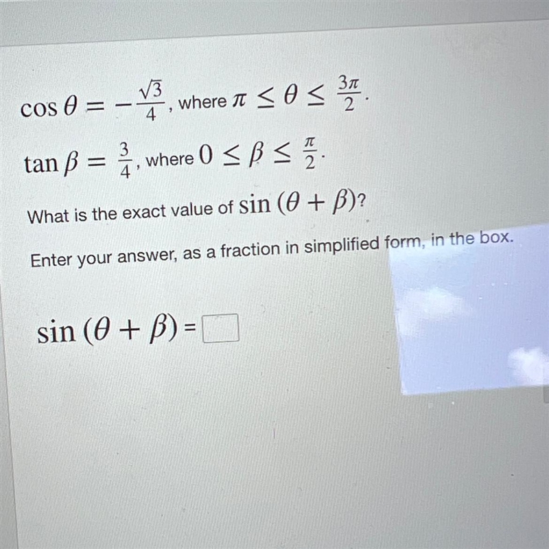 What is the exact value of sin(theta + beta)?-example-1