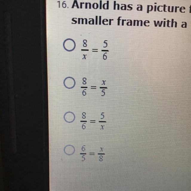 PLEASE HELP Arnold has a picture frame with a width of 8 inches and a height of 6 inches-example-1