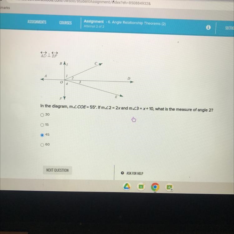 15 FY In the diagram, mZCOE= 55°. If m22=2x and m23=x+10, what is the measure of angle-example-1