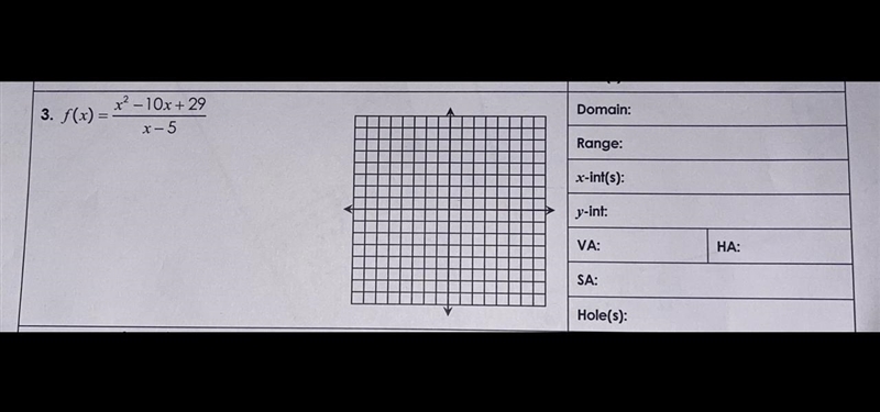 Graph each function and identify its domain, range, intercepts, asymptotes, and holes-example-1