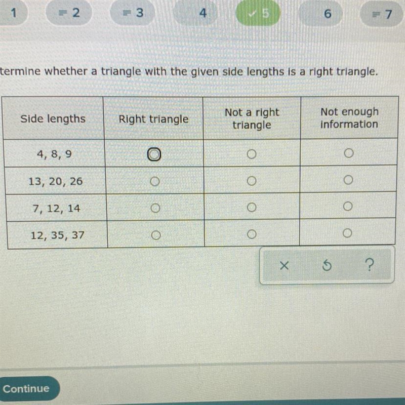 Determine whether a triangle with the given side lengths is a right triangle.-example-1