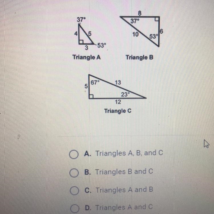 Which triangles are similar please help lol-example-1