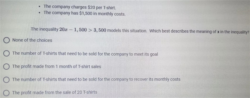 A T-shirt company has a goal to earn a monthly profit of more than $3,500.-example-1