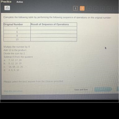 Original Number 4 6 8 10 Multiply the number by 4 Add 12 to the product Divide the-example-1