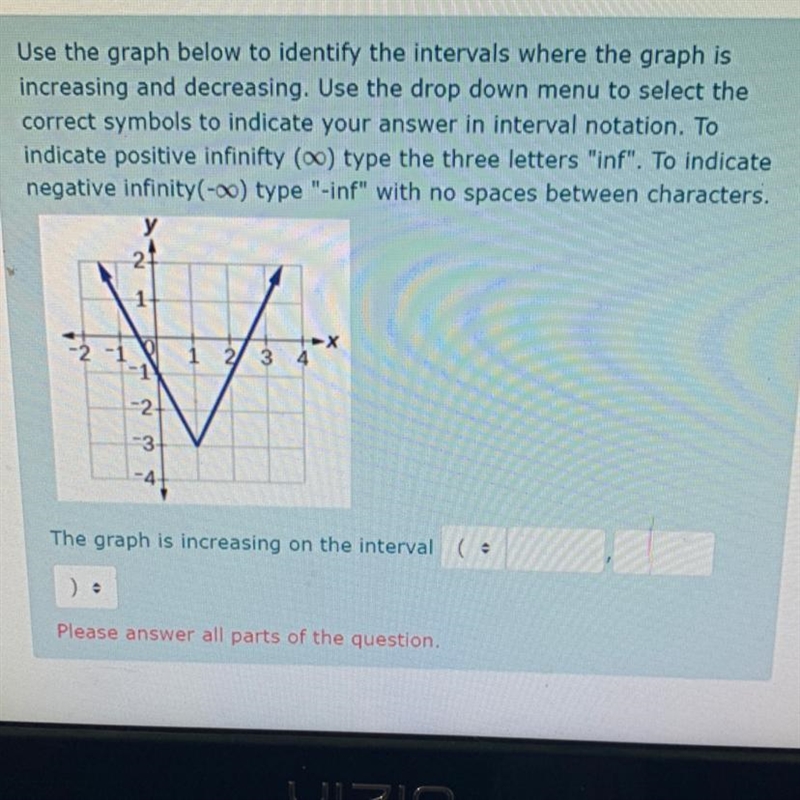 Use the graph below to identify the intervals where the graph is increasing and decreasing-example-1