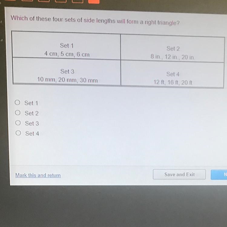 Which of these four sets of side lengths will form a right trangle? Set 1 4 cm 5 cm-example-1