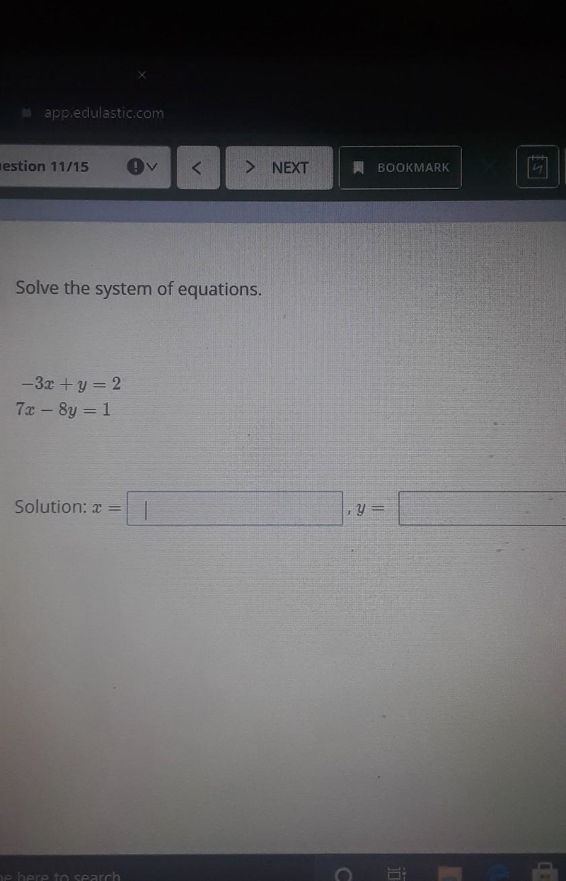 Solve the system of equation negative 3x + y equals to 7 x - 8 y equals 1-example-1