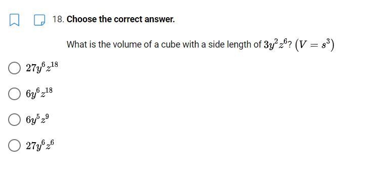 15 Points! What is the volume of a cube with a side length of 3y^2z^6? (V= s^3)-example-1