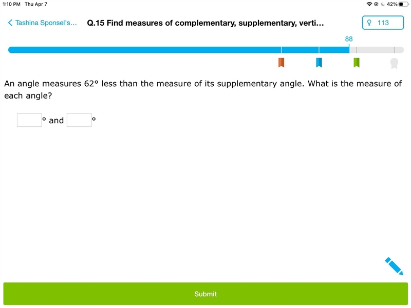 An angle measures 62 degrees less than the measure of its supplementary angle. What-example-1