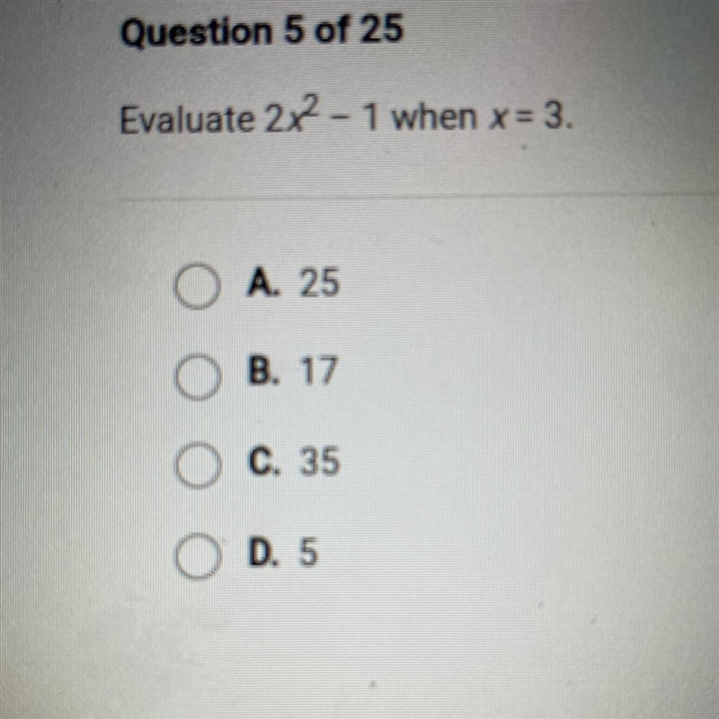 Evaluate 2x^2-1 when x=3-example-1