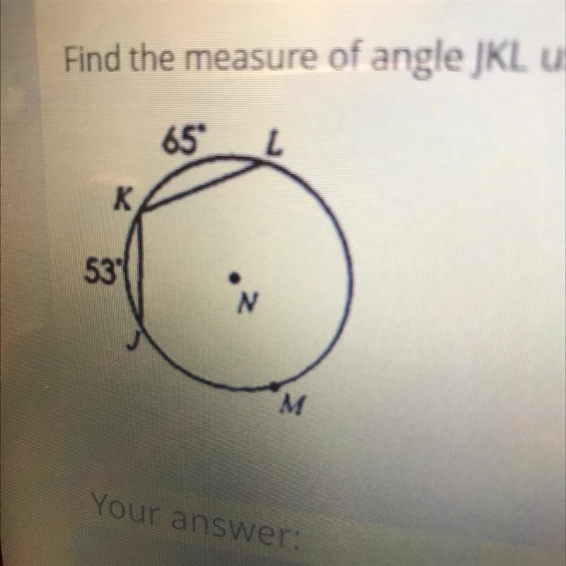 Find the measure of angle JKL using the arc measures given.-example-1