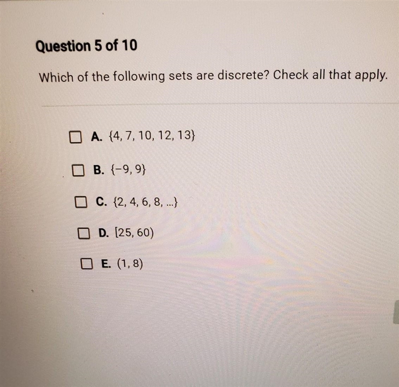 Which of the following sets are discrete?!? check all that apply. ​-example-1