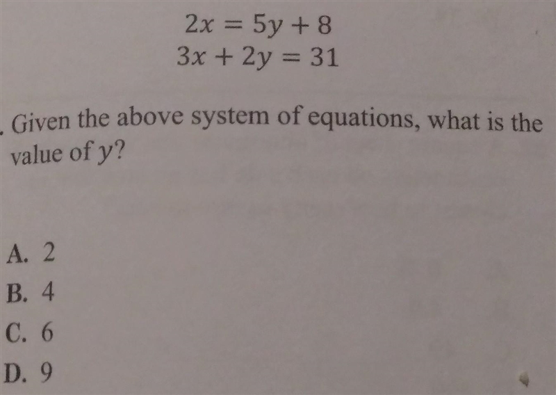 2x = 5y + 8 3x + 2y = 31 Given the above system of equations, what is the value of-example-1