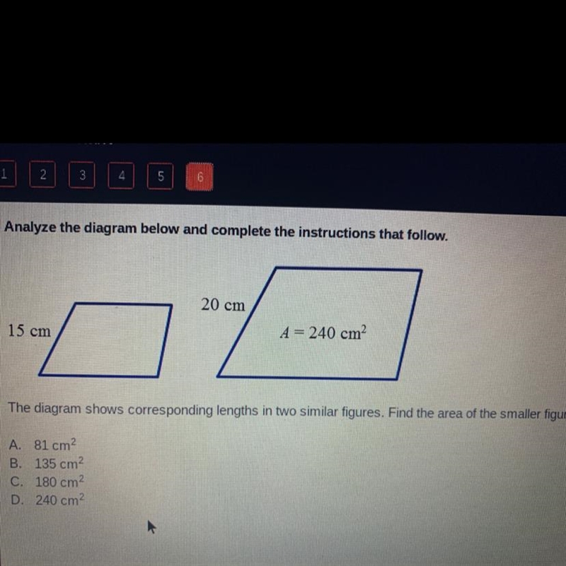 The diagram shows corresponding lengths in two similar figures. Find the area of the-example-1