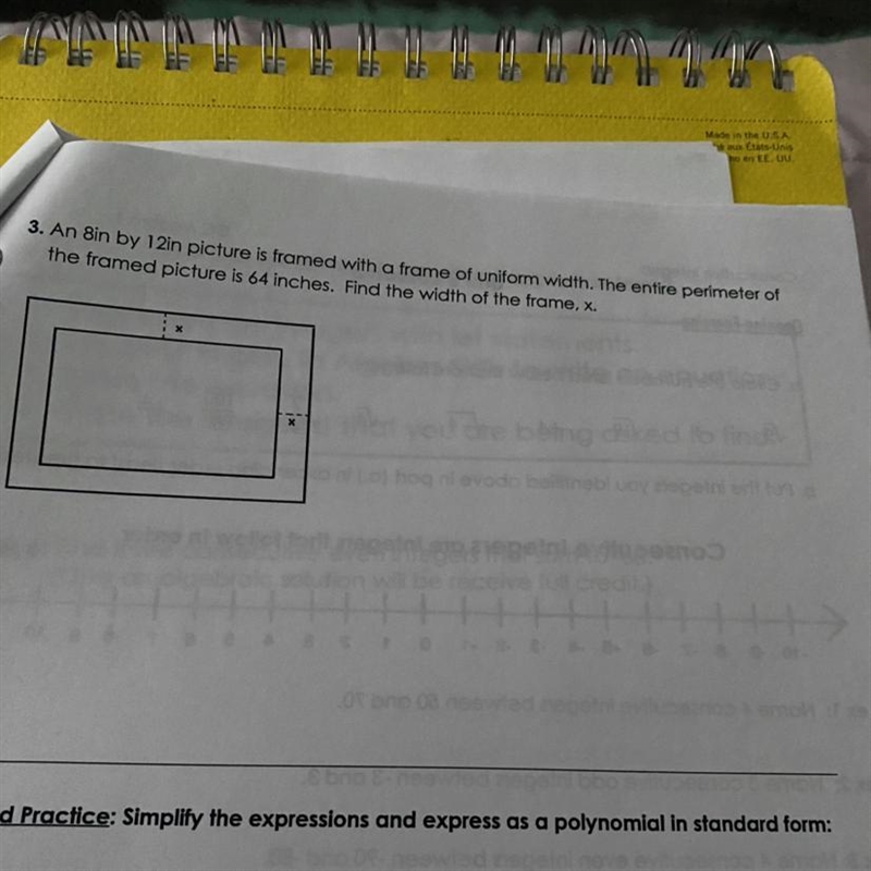 3. An 8in by 12in picture is framed with a frame of uniform width. The entire perimeter-example-1