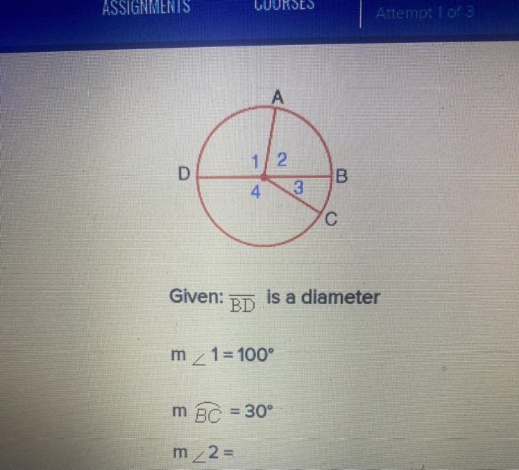 Given : overline BD a diameter m angle 1=100^ m EC = 30 degrees-example-1