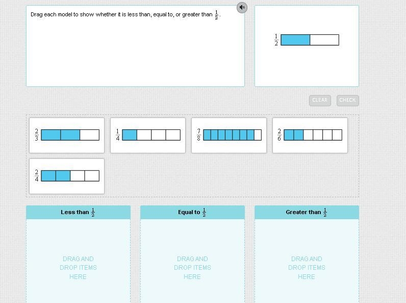 Drag each model to show whether it is less than, equal to, or greater than 1/2.-example-1