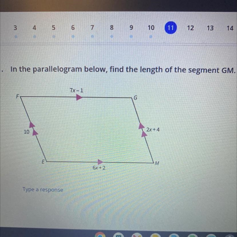 In the parallelogram below, find the length of the segment GM.-example-1