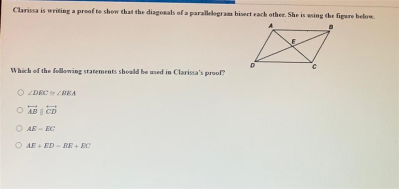 Which of the following statements should be used in Clarissa's proof?-example-1