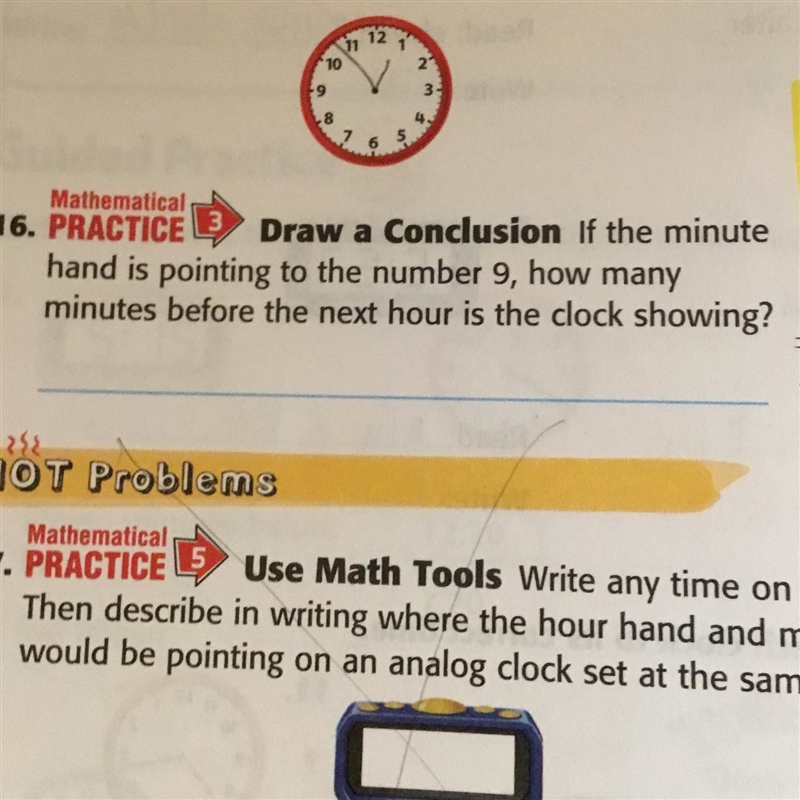 If the minute hand is pointing to the number 9, how many minutes before the next hour-example-1