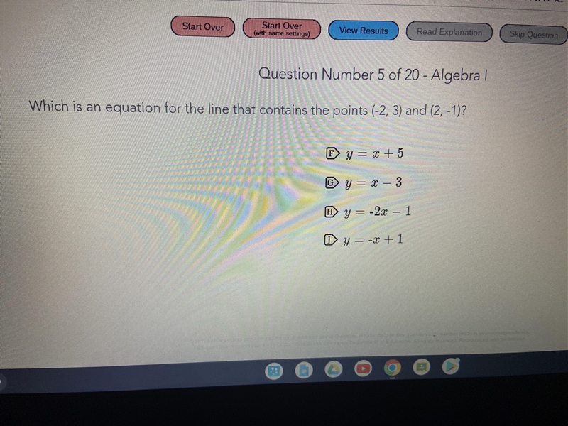 Which is an equation for the line that contains the points (-2, 3) and (2, -1)?-example-1