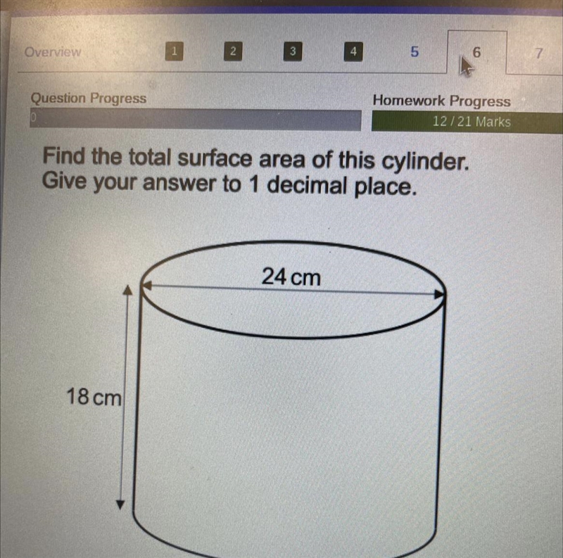 Find the total surface area of this cylinder. 24cm 18cm-example-1