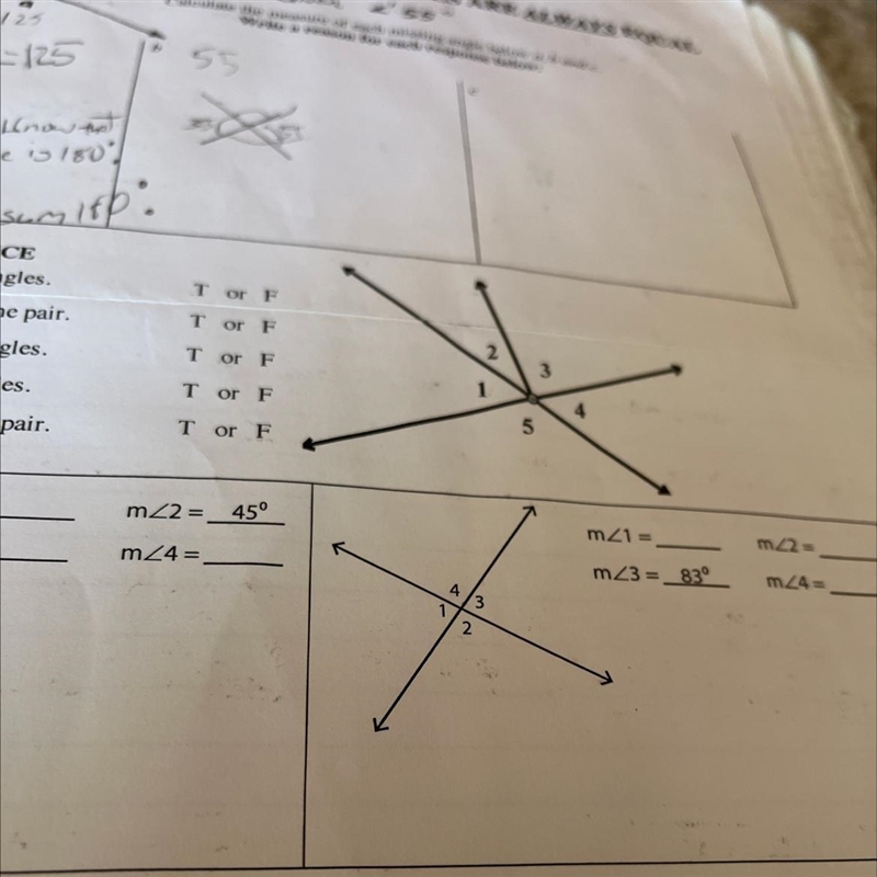 INDEPENDENT PRACTICE 1. Angle 5 and 3 are vertical angles. 2. Angle 1 and 5 is a straight-example-1