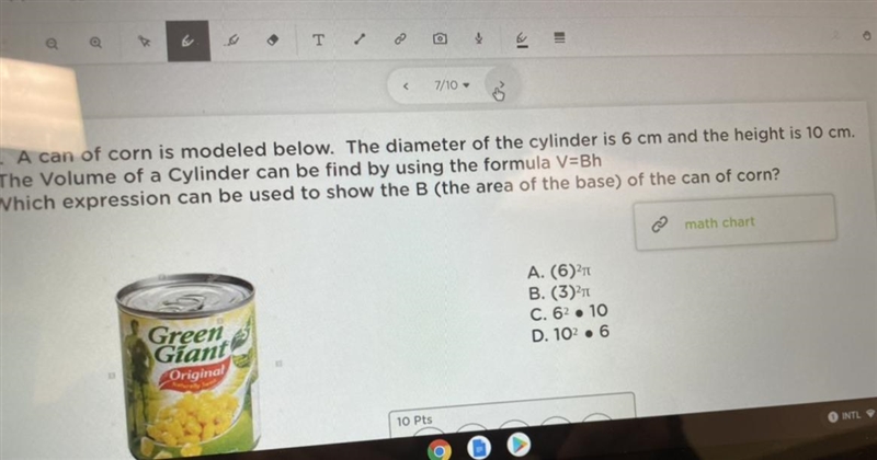 A can of corn is modeled below. The diameter of the cylinder is 6 cm and the height-example-1