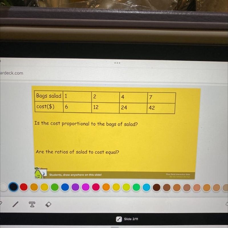 Is the cost proportional to the bags of salad? Are the ratios of salad to cost equal-example-1