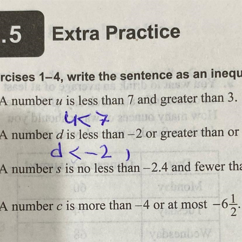 1. A number u is less than 7 and greater than 3. 2. A number d is less than -2 pr-example-1