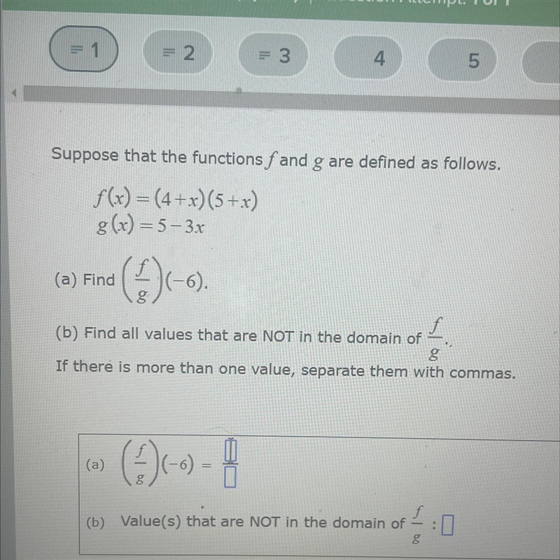 Suppose that the functions fand g are defined as follows. L f(x)=(4+x)(5+x) g(x) = 5-3x-example-1