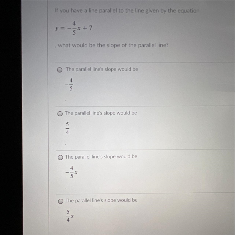 100 POINTS!!! If you have a line parallel to the line given by the equation what would-example-1