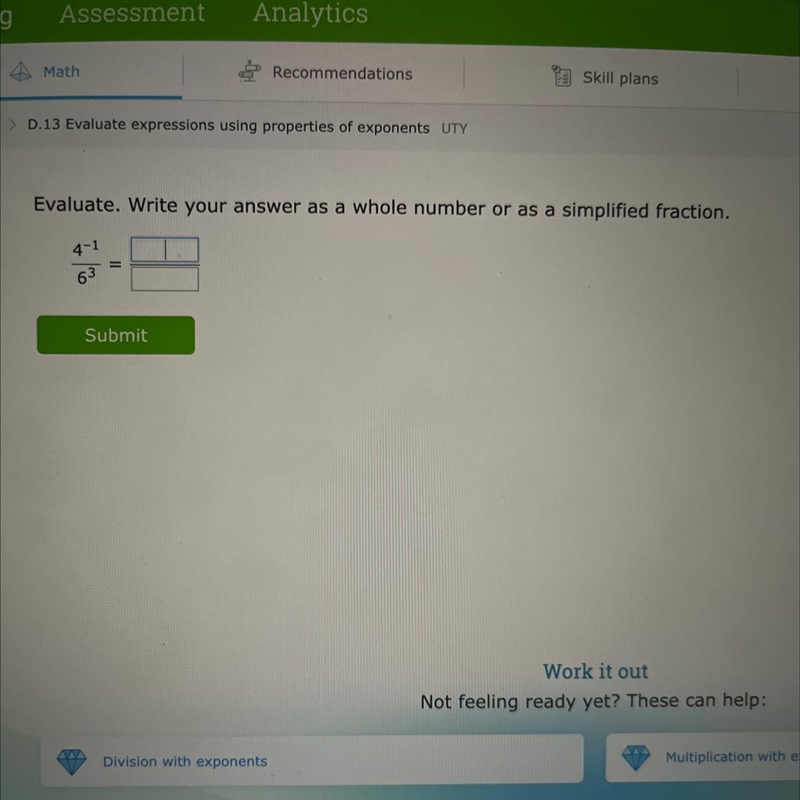 Evaluate. Write your answer as a whole number or as a simplified fraction. 4^-2 / 6^3-example-1