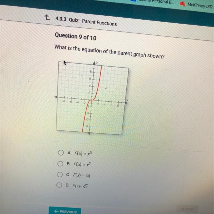 What is the equation of the parent graph shown? O A. Fx) = x^3 O B. Fx) = x^2 O C-example-1