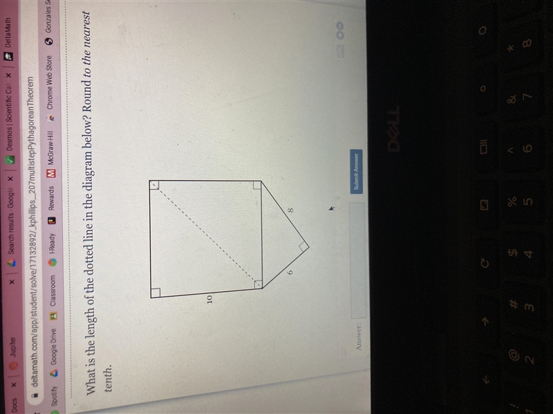 PLS HELP!! What is the length of the dotted line in the diagram below? Round to the-example-1