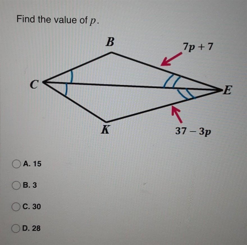 Find the value of p . A. 15 B. 3 C. 30 D. 28​-example-1