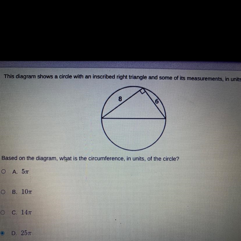 This diagram shows a circle with an inscribed right triangle and some of its measurements-example-1