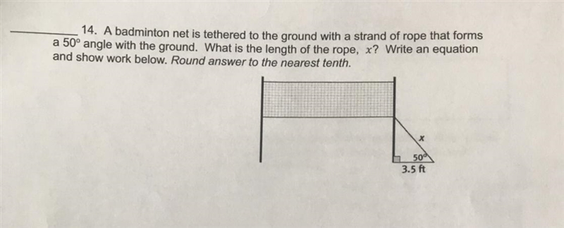 A badminton net is tethered to the ground with a strand of rope that forms a 50 angle-example-1