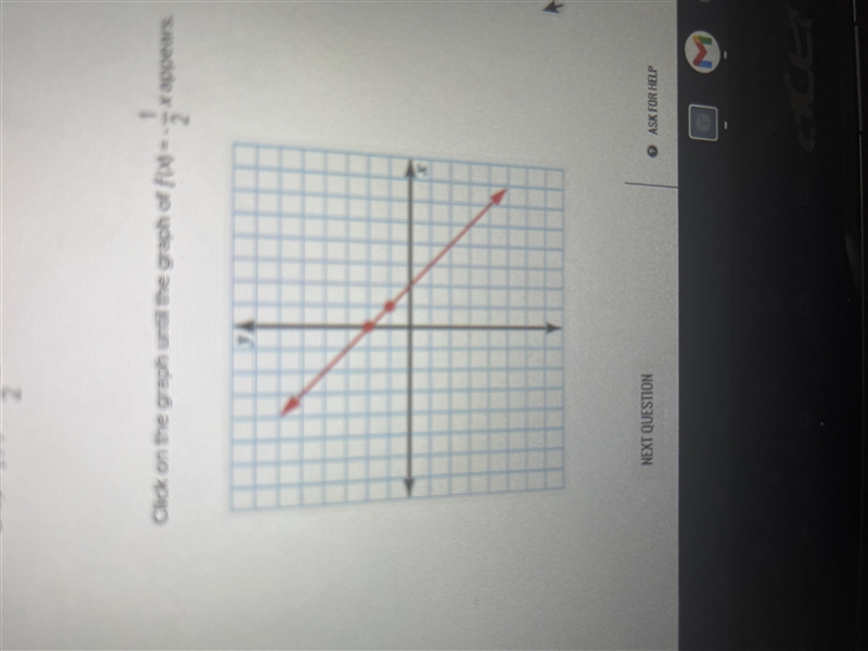 Which one is the correct graph Graph f(x) = -1/2x Click on the graph until the graph-example-1