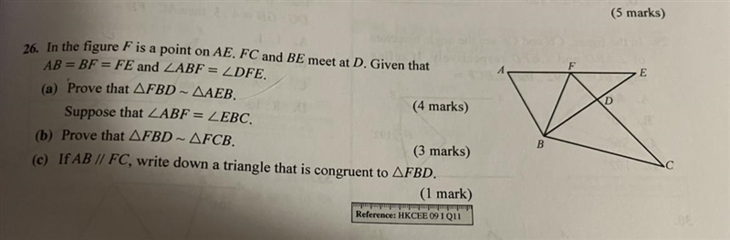 26. In the figure F is a point on AE. FC and BE meet at D. Given that AB=BF FE and-example-1