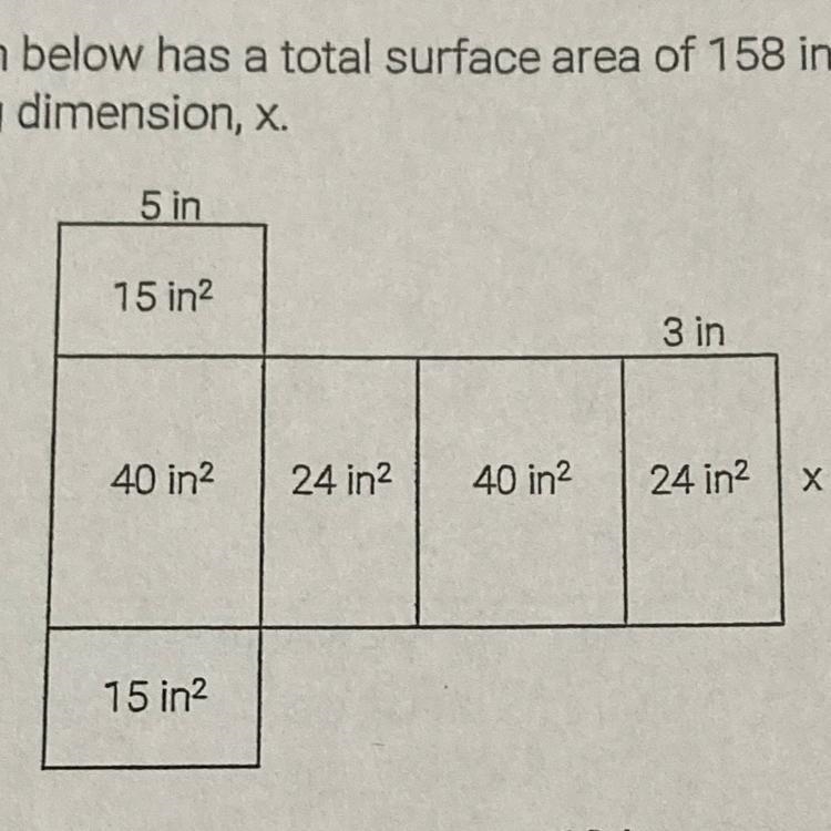 The rectangular prism below has a total surface area of 158 in^2. Use the net below-example-1