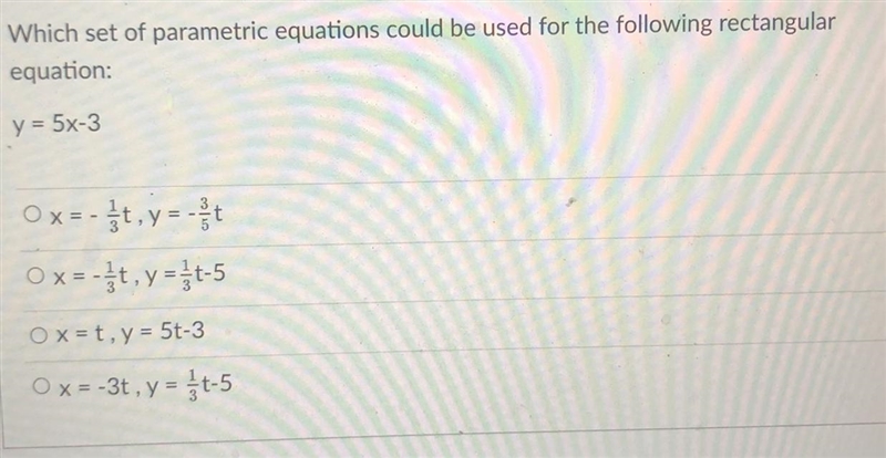 Which set of parametric equations could be used for the following rectangular equation-example-1