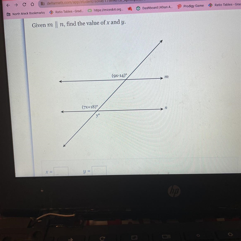 Given m || n, find the value of x and y. X = (7x+18)º y = Do (9x-14)° m-example-1