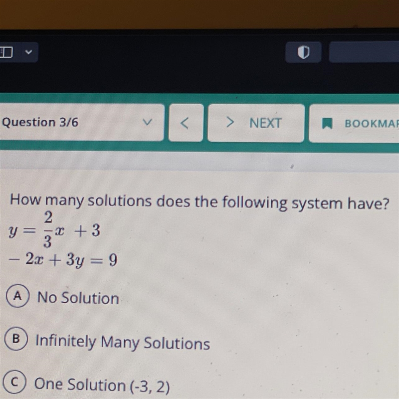 How many solutions does the following system have? y = 2/3x +3 - 2x + 3y = 9-example-1