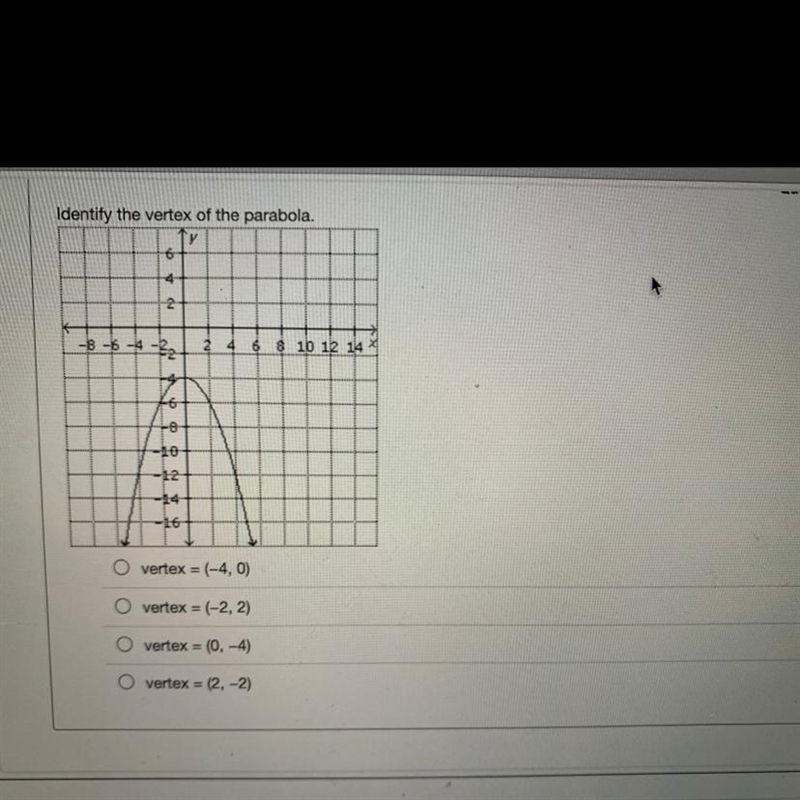 (100 POINTS !!) Identify the vertex of the parabola.-example-1