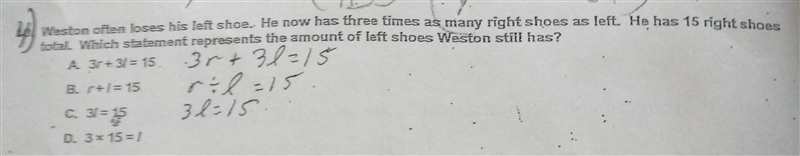 Weston often loses his left shoe. He now has three times as many right shoes as left-example-1